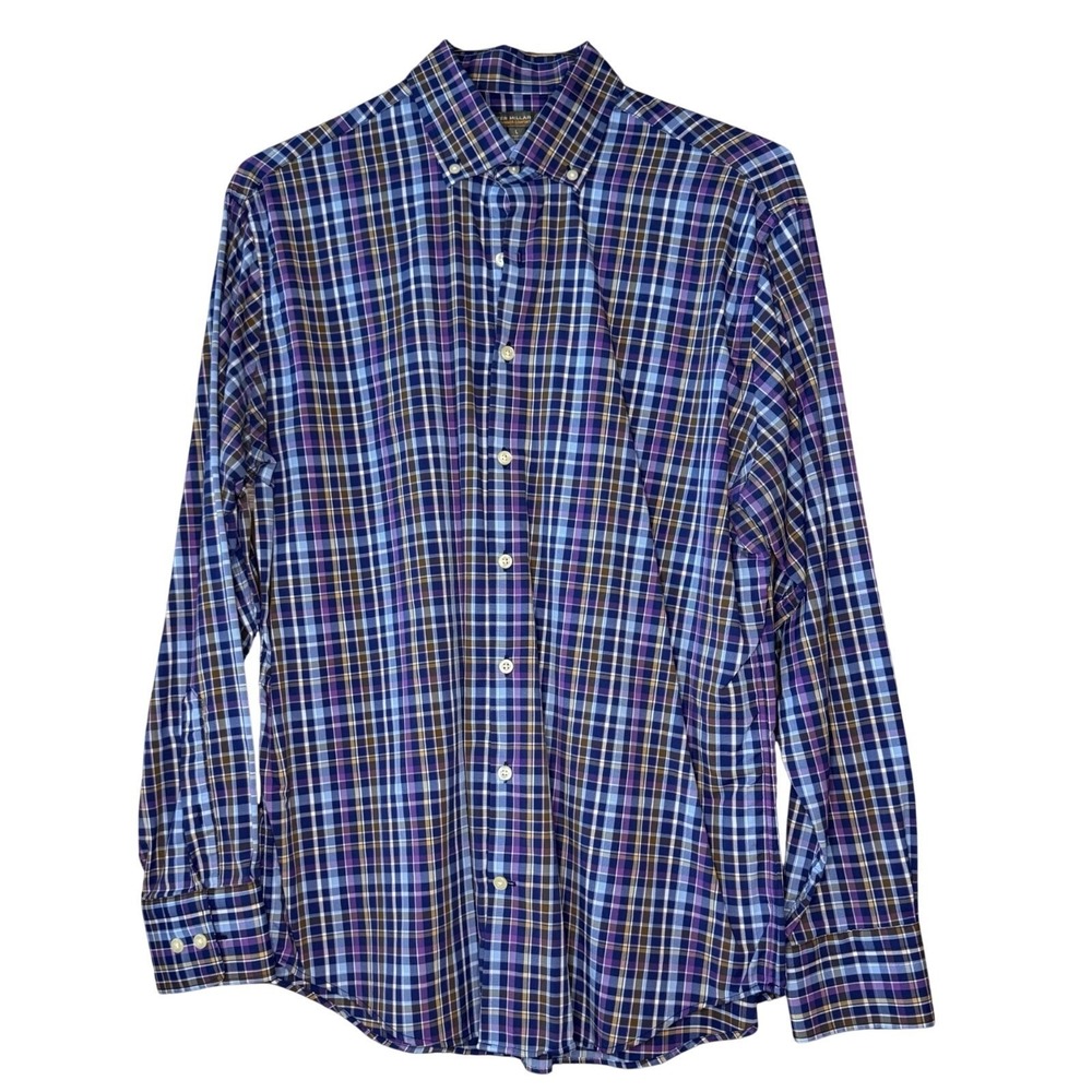 Peter Millar Men's Dress Shirt LG Blue Multi Color Plaid Button Down Long Sleeve